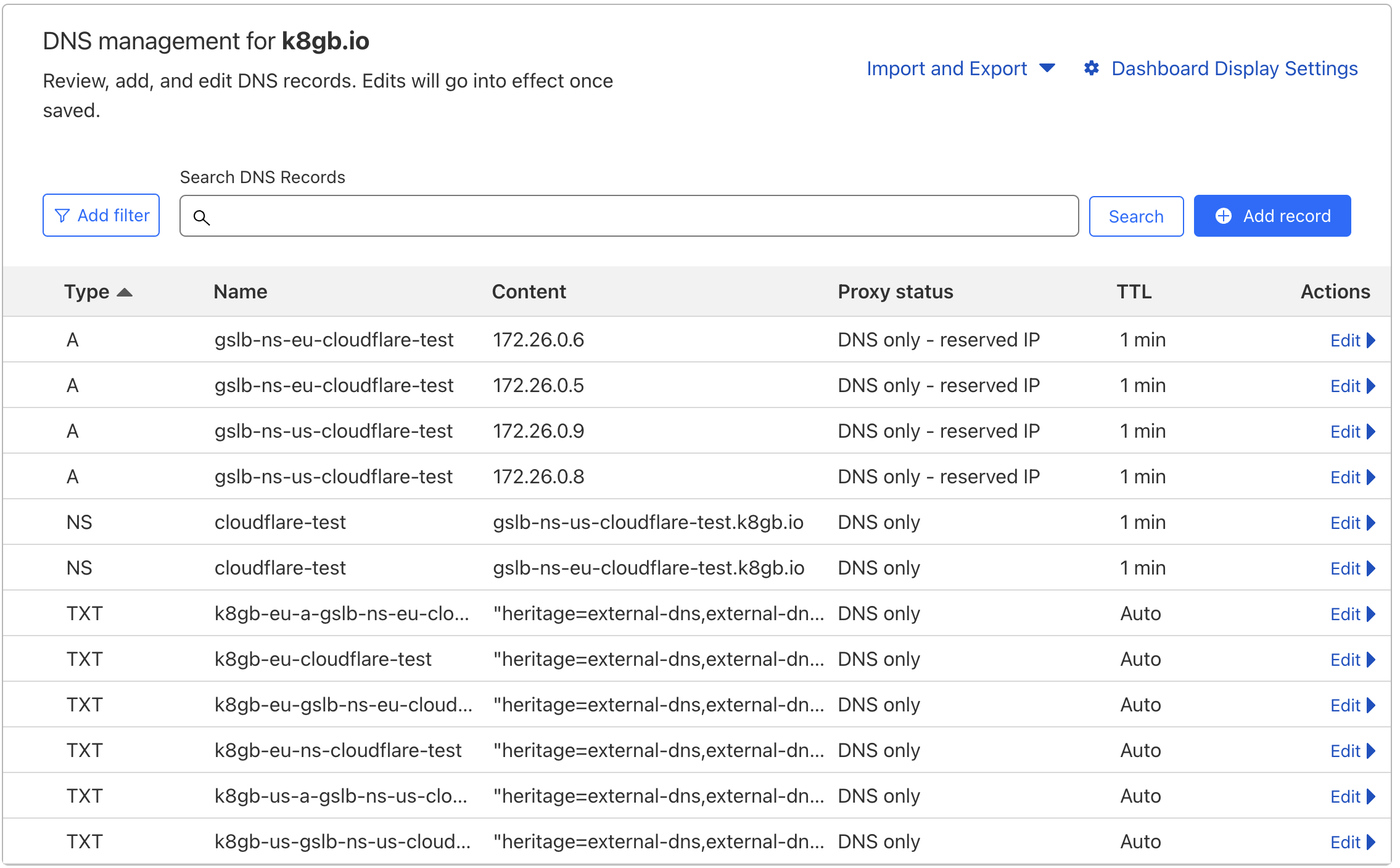 Cloudflare dashboard with Zone Delegation records